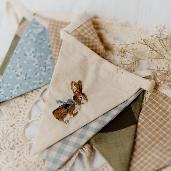 Hand Embroidered Bunny Bunting: Vintage Cottagecore Baby Shower Decor
