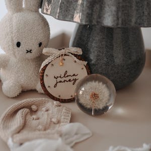 May include: A white plush rabbit toy, a circular wooden embroidery hoop with the name Wilma Janey stitched in black thread, a clear glass sphere containing a dandelion seed head, and a beige knitted bonnet with white ribbon ties.