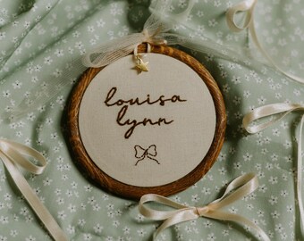 Custom Baby Name Sign — Hand Embroidery Baby Keepsake with Bow