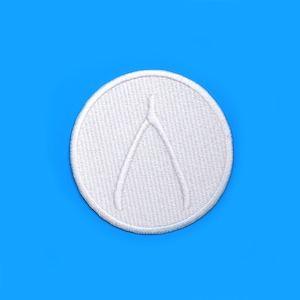 May include: White circle patch with a white embroidered wishbone design.