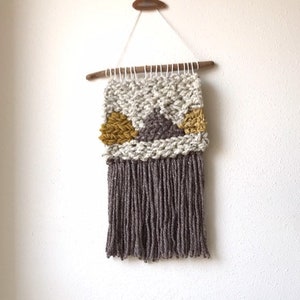 handmade woven wall hanging tapestry weaving, wool brown gold beige cream neutral driftwood boho chic decor medium