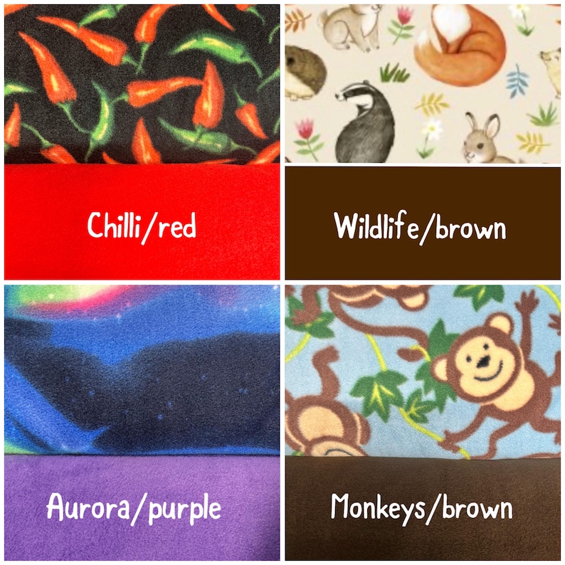 May include: A collage of six fabric swatches featuring various patterns and solid colors. Patterns include red and green chili peppers on black, woodland animals on cream, a blue aurora borealis print, and brown monkeys on light blue. Solid colors include red, brown, and purple.
