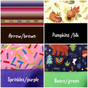 May include: A collage of four fabric swatches featuring various patterns and colors. Top left shows horizontal stripes with an arrow border. Top right displays pumpkins, sunflowers, and leaves. Bottom left shows pink sprinkles and solid purple. Bottom right shows bears, trees, and rainbows with solid green.