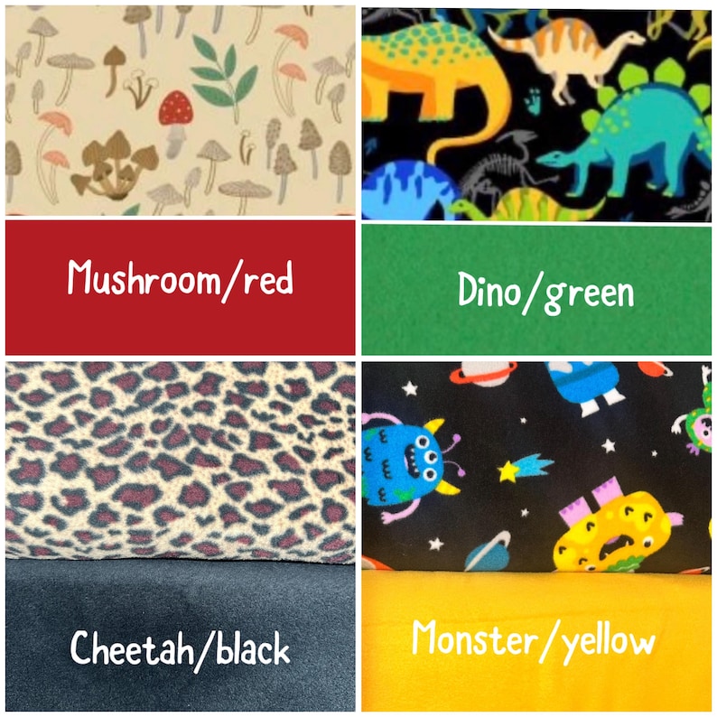 May include: A collage of four fabric swatches featuring patterns of mushrooms on cream, dinosaurs on black, leopard print, and monsters in space on black, paired with solid color fabric swatches in red, green, black, and yellow with text labels.