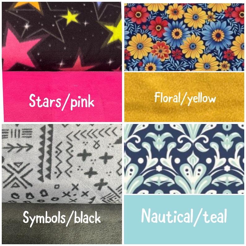 May include: A collage of six fabric swatches featuring various patterns: a black background with colorful stars, a floral print with yellow and blue flowers, a solid hot pink swatch labeled Stars/pink, a solid yellow swatch labeled Floral/yellow, a gray fabric with black geometric symbols labeled Symbols/black, and a blue and white damask pattern labeled Nautical/teal.