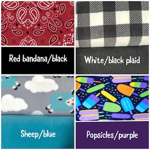 May include: A collection of six fabric swatches featuring various patterns including a red bandana print, a white and black plaid, a gray background with blue sheep and white clouds, a solid blue, a dark blue with colorful popsicles, and solid purple.