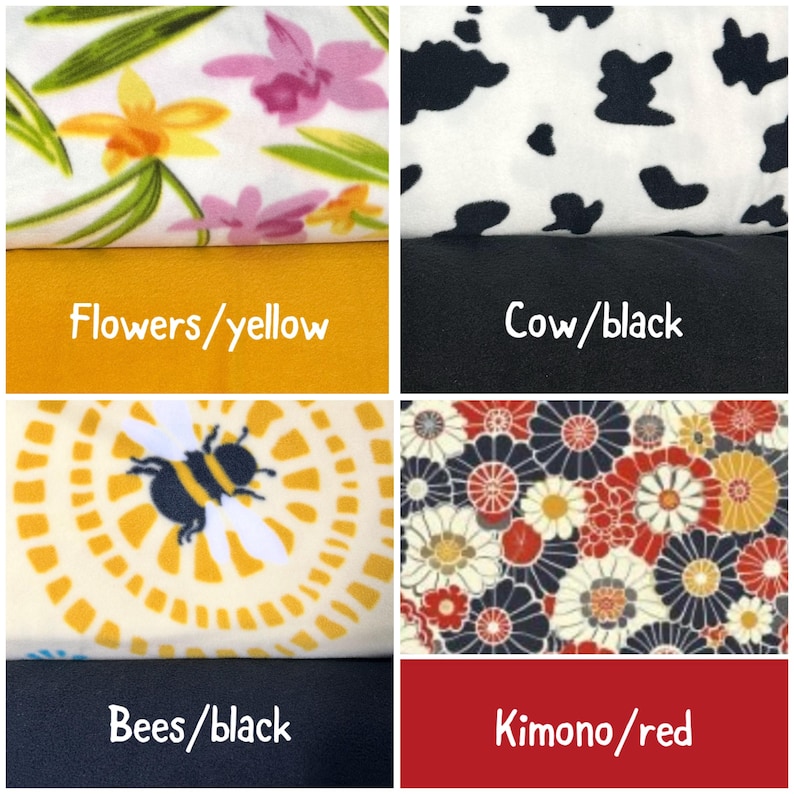 May include: A collage of four fabric swatches featuring various patterns: a floral print with yellow and pink flowers, a black and white cow print, a yellow and white bee pattern, and a multi-colored floral design with red, white, and blue.
