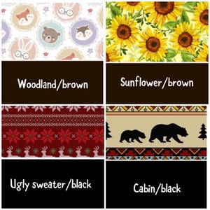 May include: A collage of four fabric patterns featuring woodland animals in circles, yellow sunflowers, a red knit-style pattern with reindeer, and a beige pattern with black bears and trees, labeled Woodland/brown, Sunflower/brown, Ugly sweater/black, and Cabin/black.