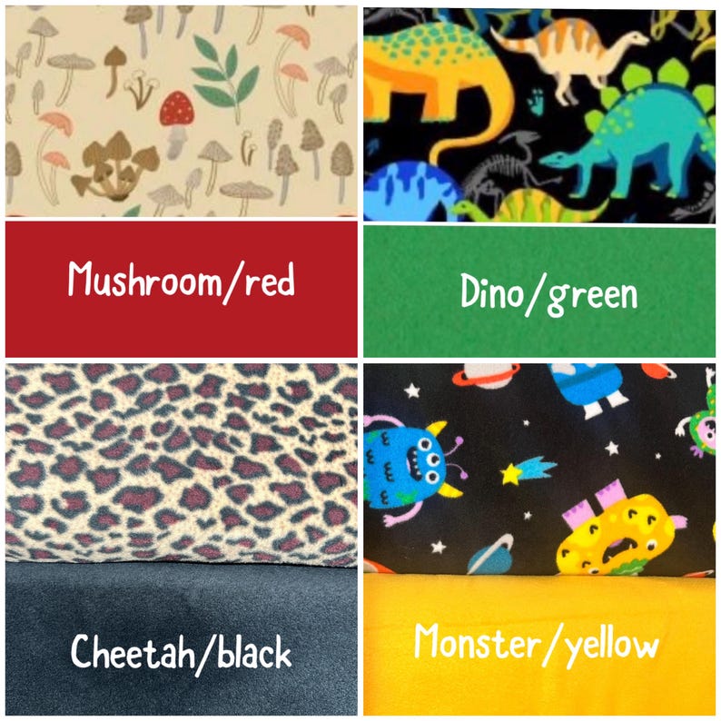 May include: A collage of four fabric swatches featuring patterns of mushrooms on cream, dinosaurs on black, leopard print, and monsters in space on black, paired with solid color fabric swatches in red, green, black, and yellow with text labels.