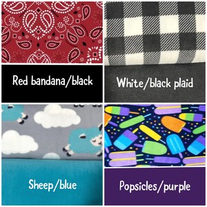 May include: A collage of four fabric patterns: a red bandana print with white paisley, a black and white buffalo plaid, a gray fleece with white clouds and teal sheep, and a dark blue fabric with colorful popsicles and purple solid fabric.