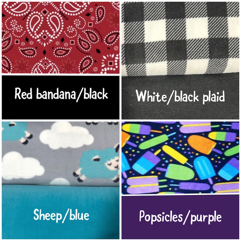 May include: A collage of four fabric patterns: a red bandana print with white paisley, a black and white buffalo plaid, a gray fleece with white clouds and teal sheep, and a dark blue fabric with colorful popsicles and purple solid fabric.