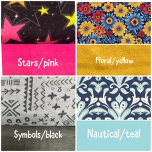 May include: A collage of six fabric swatches featuring various patterns: a black background with colorful stars, a floral print with yellow and blue flowers, a solid hot pink swatch labeled Stars/pink, a solid yellow swatch labeled Floral/yellow, a gray fabric with black geometric symbols labeled Symbols/black, and a blue and white damask pattern labeled Nautical/teal.