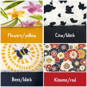 May include: A collage of four fabric swatches featuring various patterns: a floral print with yellow and pink flowers, a black and white cow print, a yellow and white bee pattern, and a multi-colored floral design with red, white, and blue.