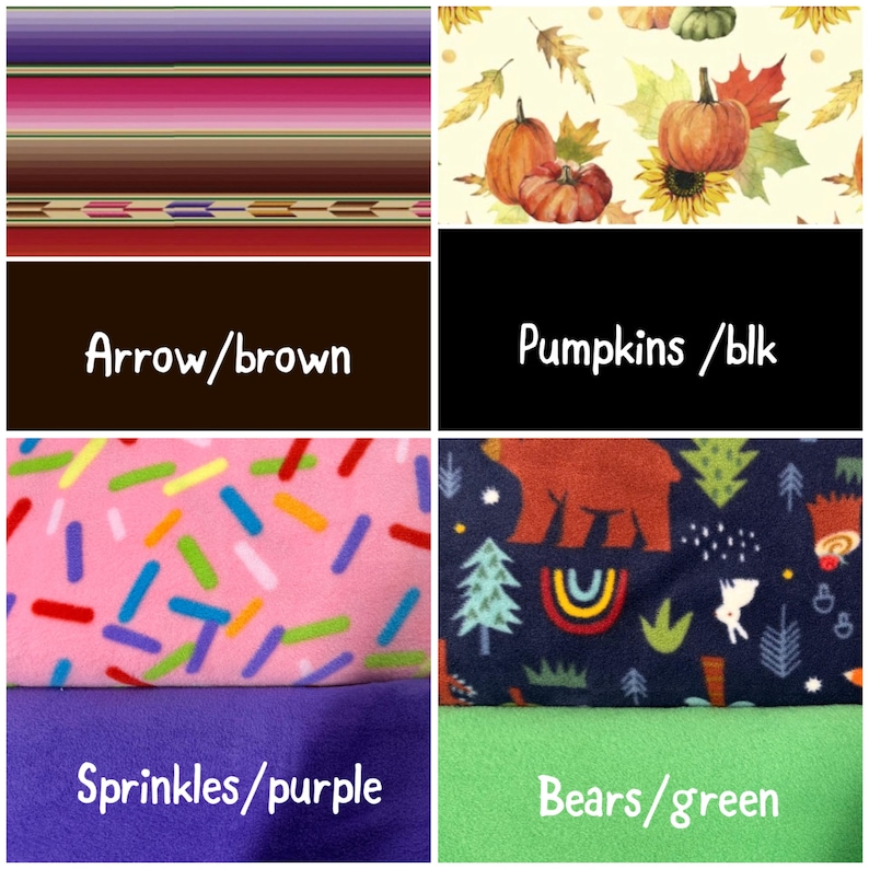 May include: A collage of four fabric swatches featuring various patterns and colors. Top left shows horizontal stripes with an arrow border. Top right displays pumpkins, sunflowers, and leaves. Bottom left shows pink sprinkles and solid purple. Bottom right shows bears, trees, and rainbows with solid green.