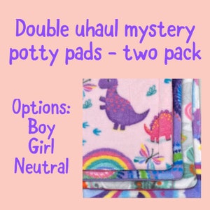 May include: Two-pack of mystery puppy potty pads. The pads are made of soft fleece and feature a variety of colorful designs, including dinosaurs, rainbows, and butterflies. Options include boy, girl, and neutral.