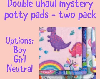 May include: Two-pack of mystery puppy potty pads. The pads are made of soft fleece and feature a variety of colorful designs, including dinosaurs, rainbows, and butterflies. Options include boy, girl, and neutral.