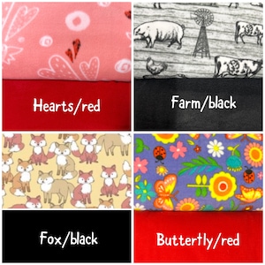 May include: A collage of four fabric swatches: a pink fleece with white hearts and red accents over solid red, a gray farm-themed print with animals and a windmill over solid black, a yellow fox print over solid black, and a floral butterfly print over solid red.