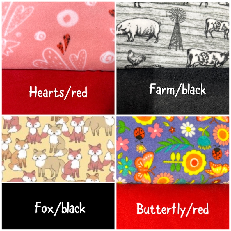 May include: A collage of four fabric swatches: a pink fleece with white hearts and red accents over solid red, a gray farm-themed print with animals and a windmill over solid black, a yellow fox print over solid black, and a floral butterfly print over solid red.