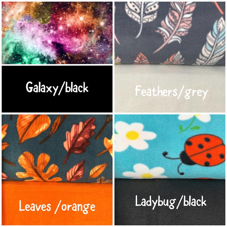 May include: A collage of four fabric patterns: a colorful galaxy print, a grey fabric with white and peach feathers, a dark fabric with orange autumn leaves, and a bright blue fabric with white daisies and a red ladybug with black spots.