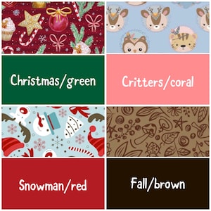May include: A collage of eight rectangular fabric swatches featuring various patterns including Christmas motifs, cartoon animals, snowmen, and autumn elements, with text labels such as Christmas/green, Critters/coral, Snowman/red, and Fall/brown.