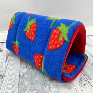 May include: A cylindrical fleece tunnel for small pets featuring a vibrant blue background with a repeating pattern of red strawberries and green leaves. The interior and the edges of the tunnel are lined with a solid bright red fleece fabric.