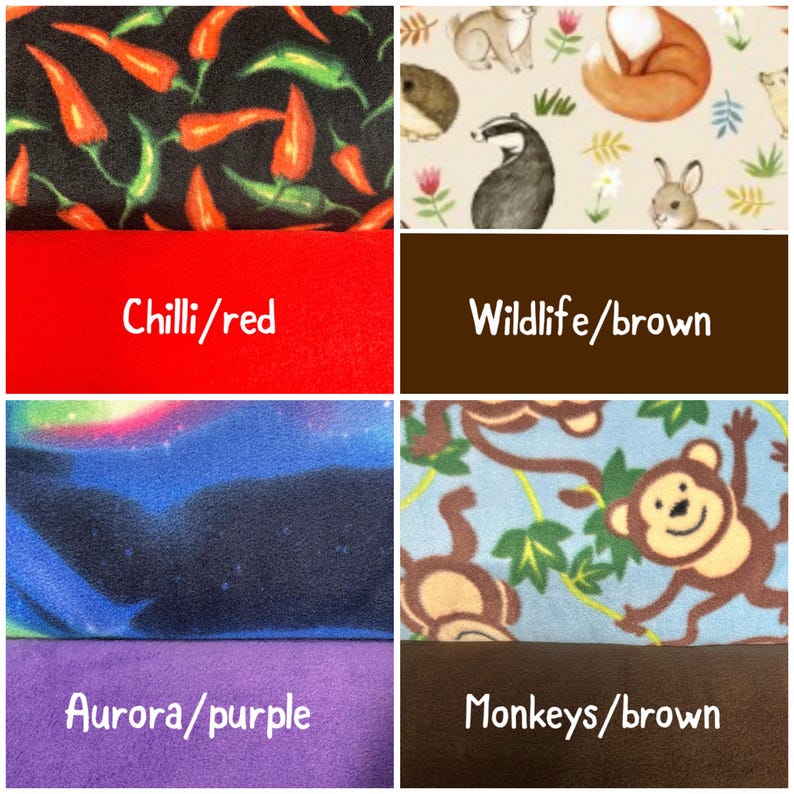 May include: A collage of six fabric swatches featuring various patterns and solid colors. Patterns include red and green chili peppers on black, woodland animals on cream, a blue aurora borealis print, and brown monkeys on light blue. Solid colors include red, brown, and purple.