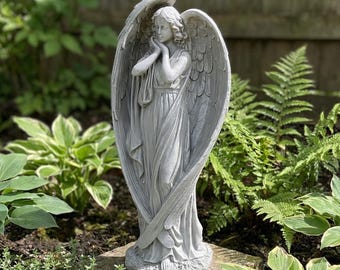 Praying Angel Statue, Antique Winged Angel for Grave, Heavenly Guardian, Rustic Outdoor Decor, Memorial Statue