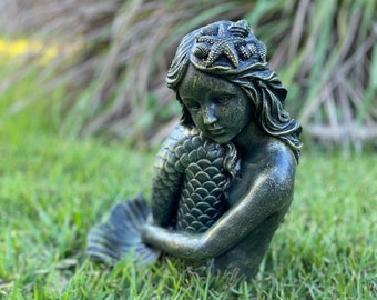 Mermaid statue with antique bronze finish concrete mermaid figurine Coastal Home Decor