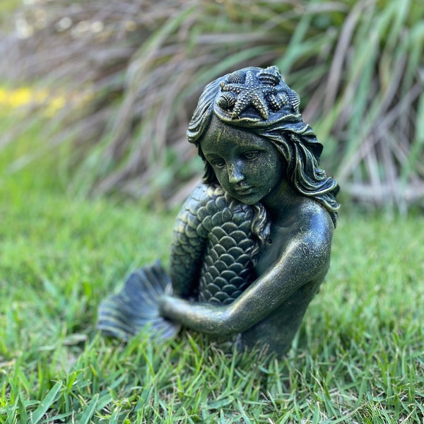 Mermaid statue with antique bronze finish concrete mermaid figurine Coastal Home Decor