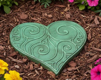 Copper Heart Concrete Stepping Stone – 13" Handmade Garden Path Paver, Rustic Cement Heart Decor for Outdoor or Patio