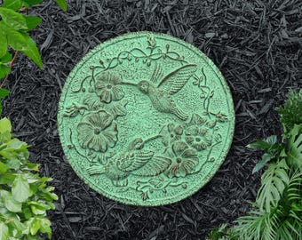 Hummingbird Stepping Stone – Antique Copper Finish | Garden Path Stone | Outdoor Decor | Handmade Concrete Gift | Hummingbird Art