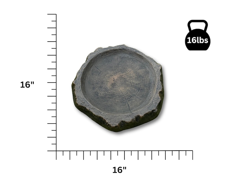 May include: A gray, tree-stump-shaped bird bath, approximately 16 inches in diameter and 16 inches wide. The interior has a textured, circular pattern. The bird bath weighs 16 lbs. The outer edge has a green, moss-like texture.