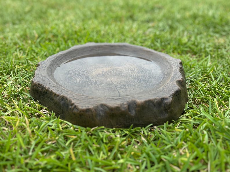 May include: A round, gray bird bath made of stone, resting on a bed of green grass. The bird bath has a textured surface and a shallow basin filled with water. The edges are rough and uneven, resembling a tree stump.
