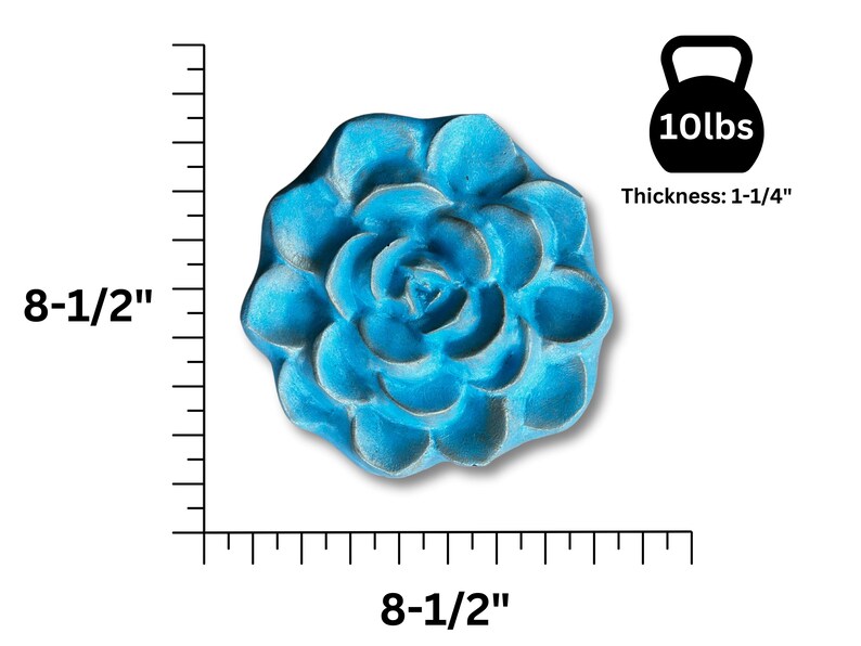 May include: A turquoise, flower-shaped decorative object. It measures 8.5 inches in diameter and 1.25 inches thick, and weighs 10 lbs. The object has a detailed, textured surface, and is designed to resemble a blooming flower.