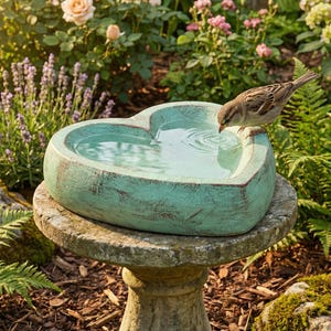 Heart-Shaped Bird Bath: Antique Copper Finish, Concrete Garden Decor