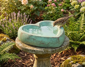Heart-Shaped Bird Bath: Antique Copper Finish, Concrete Garden Decor