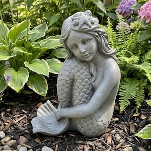 Sitting Mermaid Concrete Statue – 13&#39;&#39; | Antique Stone Finish | Coastal Garden Decor