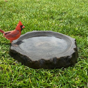 May include: A red cardinal bird stands near a dark gray, tree-stump-shaped bird bath filled with water. The bird bath is on a bed of green grass, creating a natural outdoor scene.