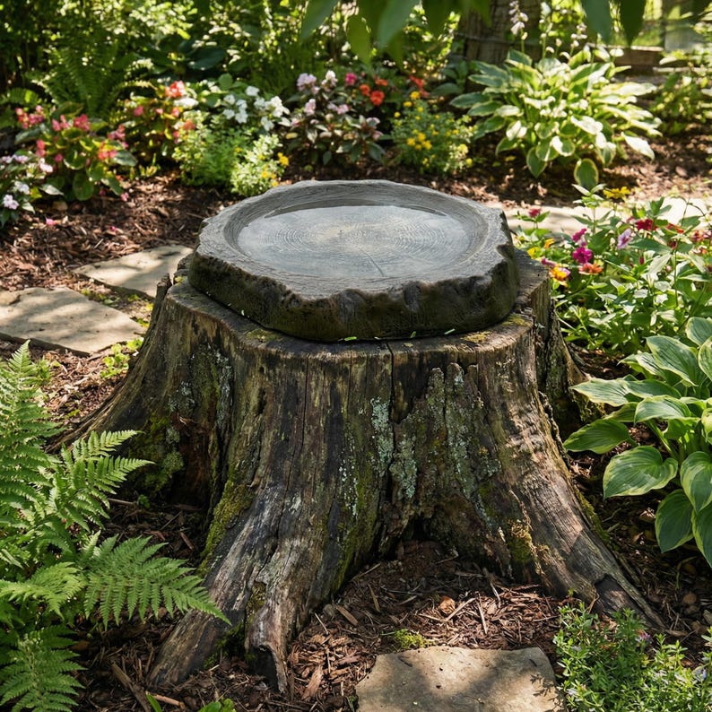 Bird Feeder and Bird bath, Unique Log Style Fairy Garden & Outdoor Patio Decor Gift image 2