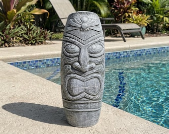 16” Concrete Tiki Statue Head – Antique Stone Finish – Polynesian Garden Decor