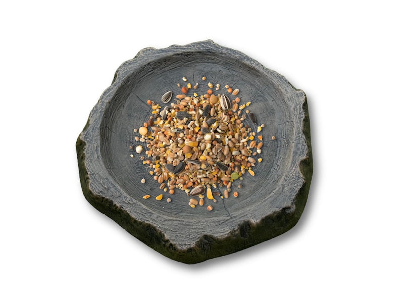 May include: A gray, rustic-style bird feeder filled with a mix of seeds and grains. The feeder has a natural, tree-stump design, providing a charming and functional addition to any garden or outdoor space. The seeds are a mix of colors and textures.