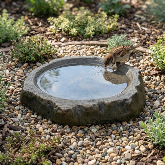 Bird Feeder and Birdbath, Unique Log Style Fairy Garden & Outdoor Patio Decor Gift