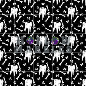 May include: Black and white pattern featuring teeth, bones, and small bow-tie shapes. The design is repeated across a grid, creating a visually interesting and thematic pattern. The image has a Halloween or dental theme.