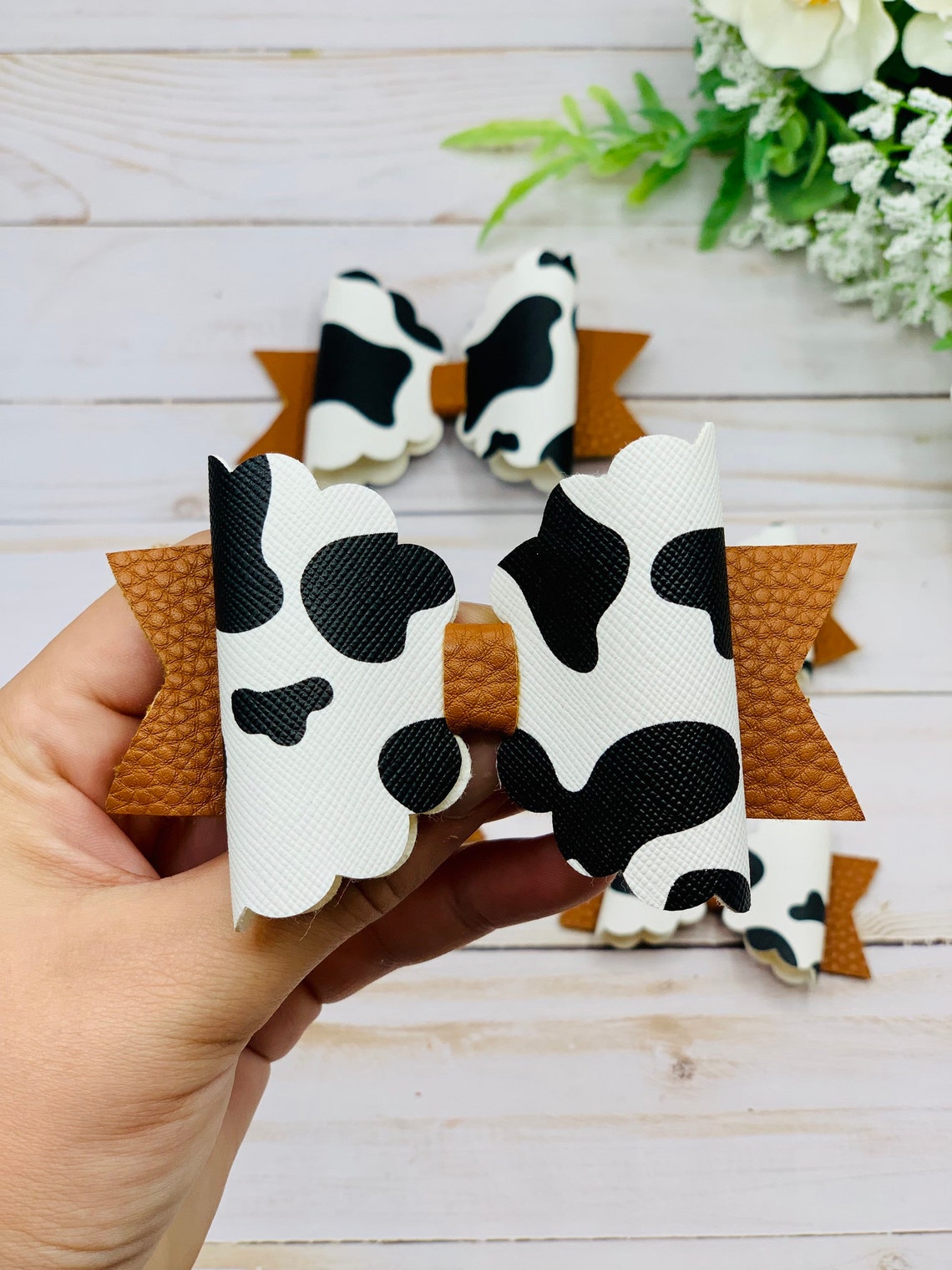 Cow Print Hair Clip Faux Leather Hair Bow Etsy