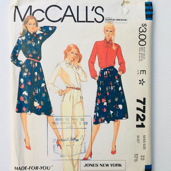 Vintage blouse pattern/vintage skirt pattern/pants pattern/high waisted pants pattern/McCalls 7721/pleated skirt pattern/Jones New York