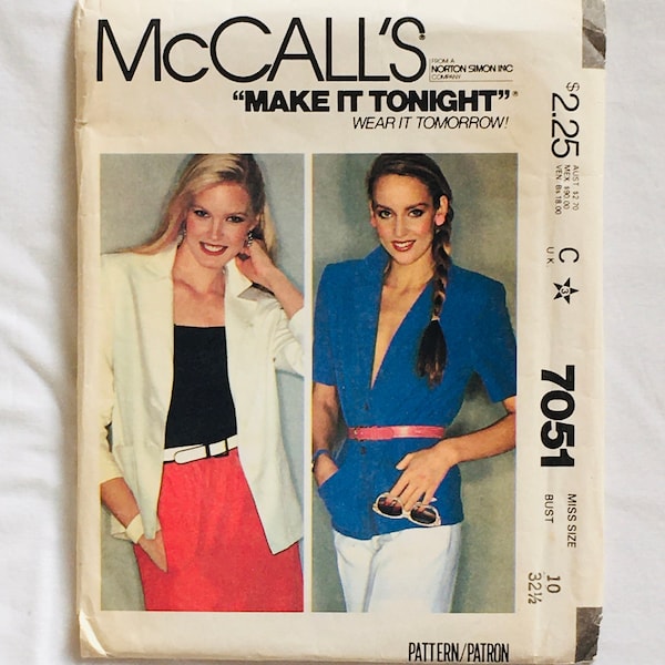 Vintage 1980s blazer pattern/jacket pattern/McCall' 7051/blazer pattern/unlined blazer pattern/unlined jacket pattern