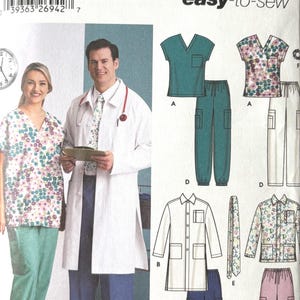 May include: Simplicity sewing pattern 5443 for sizes XL-XXXL, featuring illustrations of medical scrubs, a lab coat, and a tie. The pattern envelope displays a person in a floral scrub top and green pants, and a person in a white lab coat and blue pants.