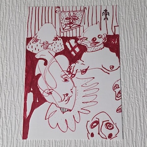 Puede incluir: Un dibujo a tinta roja sobre papel blanco que presenta figuras y rostros abstractos. La obra de arte utiliza una serie de líneas y formas interconectadas, con un enfoque en formas expresivas y minimalistas. El estilo recuerda al arte moderno.