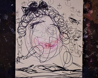 Puede incluir: Dibujo abstracto en tinta negra y rosa sobre papel crema. La obra de arte representa un rostro con cabello rizado. La palabra "TABLE" está escrita en la parte inferior, con "NO. 16" al lado.