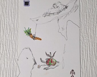 May include: An abstract pen and ink drawing on white paper. The artwork features a carrot suspended by a string, a hand holding a fruit, and a profile of a face. A small black square is in the upper left corner.